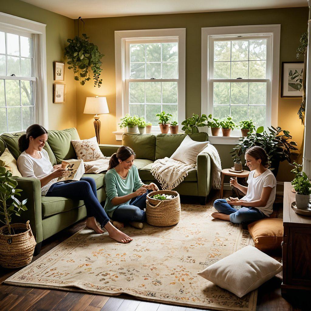 A warm family scene in a cozy living room, showcasing diverse family members engaged in activities like cooking, playing games, and sharing laughs. Soft ambient lighting creates an inviting atmosphere. Include elements like plants, family photos, and comforting textures to enhance feelings of wellness and connection. super-realistic. warm tones. cozy ambiance.