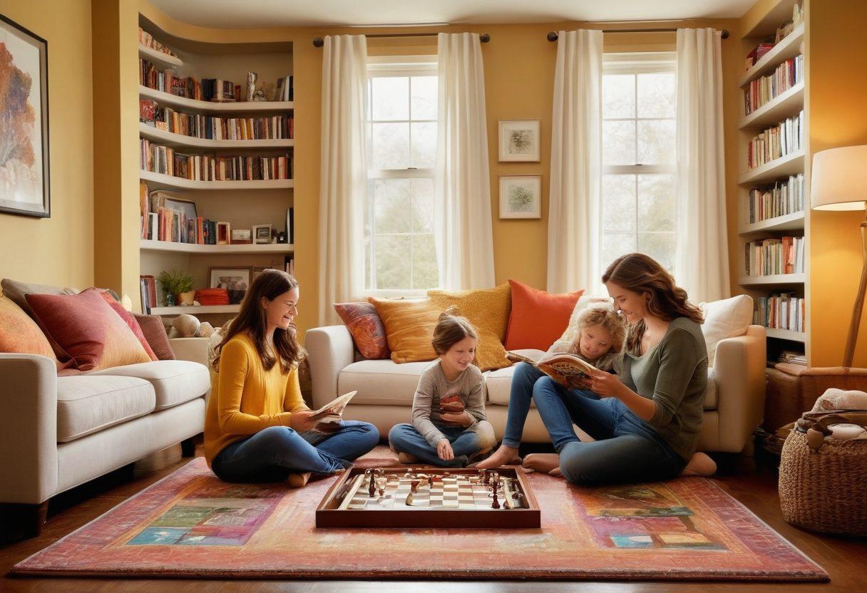 A warm family gathering in a cozy living room, with parents and children engaged in various supportive activities like reading, playing games, and sharing stories. Include a background filled with bookshelves, family photos, and a soft glow from a fireplace. Emphasize expressions of joy and connection among family members. painterly style, warm colors, inviting atmosphere.