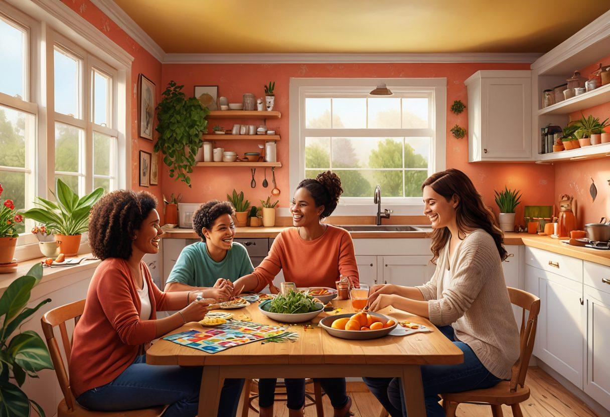 A warm, inviting family scene showing diverse family members engaged in joyful activities together, such as cooking, playing games, and laughing, surrounded by colorful plants and decor symbolizing kinship. Soft lighting creates a comforting atmosphere. Digital painting. vibrant colors.